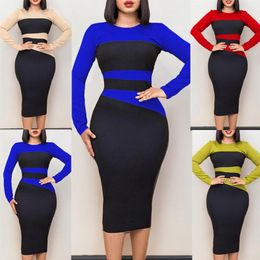 Ethnic Clothing African Dresses For Women Autumn Elegant Long Sleeve Colour Block O-neck Bodycon Dress Dashiki 2024