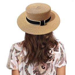 Wide Brim Hats Women'S Flat Top Hat Casual Straw Sun Visor Outdoor Ribbon Beach Travel Dress Cap Chapeau Femme