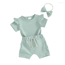 Clothing Sets Toddler Girls Summer Clothes Infant Baby Shorts Set Short Sleeve Ruffle T-shirt Solid Color Headband Outfit