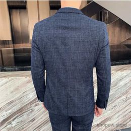 Men's Suits Blazers Fashion Luxury Men Slim Fit Cheque Suit Business Office Formal Dress 2 Pcs Blazers Pant Casual Wedding Social Tuxedo Set