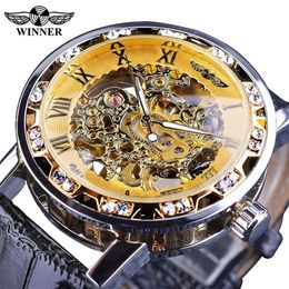 Winner Black Golden Retro Luminous Hands Fashion Diamond Display Mens Mechanical Skeleton Wrist Watches Top Brand Luxury Clock Wat2524