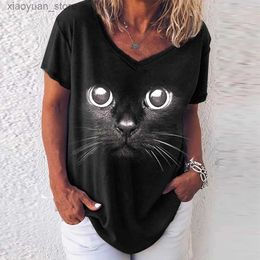 Women's T-Shirt Fashion Woman Blouses 2022 T-shirt Womens 3d Cats Print Black Kawaii V-neck T Shirt Female Clothing Oversized Summer Tops Tees 240130