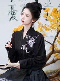 Ethnic Clothing Oversized Traditional Chinese Hanfu Top Plus Size Black Aircraft Sleeve Shirt Women's Improved Embroider