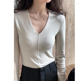 Women's Sweaters 2024 Women Summer Sexy V-Neck Slim T Shirts Tops For Clothes Tees Stretch Pullovers Fashion Sueter Mujer