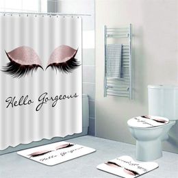 Trendy Rose Gold Eyelash Shower Curtain Set Bathroom Curtain with Bath Mat Rug Carpet for Toilet Glitter Hello Gorgeous Decor 2011256B