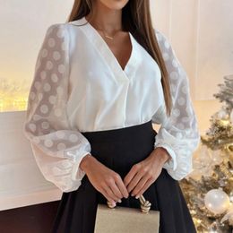 Women's Blouses Women Dot Mesh Long Sleeve Shirts & 2024 Spring Office Lady Elegant Casual Blouse Sexy V Neck White Shirt Spliced Tops