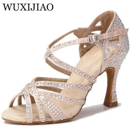 WUXIJIAO Women Party Dance Shoes Satin Shining rhinestones Soft Bottom Latin Dance Shoes Woman Salsa Dance Shoes heel 240119