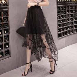 Skirts Irregular Black Tulle Korean High Waist Female Long Skirt With Lace Women Summer Sexy Transparent Pengpeng Mesh Maxi