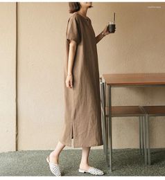 Party Dresses Summer Cotton Women's Solid O-Neck Short Sleeve Open Side Long Midi Dress Harujuku Sundress Female Clothing