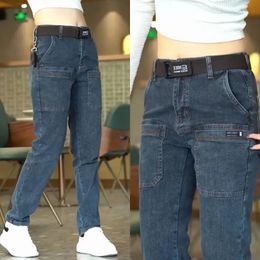 Korea Men Jeans Cargo Pants Casual Blue Grey Denim Y2K Streetwear Straight Jeans Male Trousers Clothing 240126