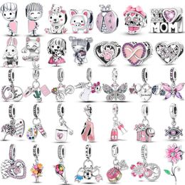 Loose Gemstones Pink 925 Original Silver Butterfly Flower Cat Girl Ballerina Shoe Charm Beads Fit Bracelet Necklace Pendant DIY Jewelry