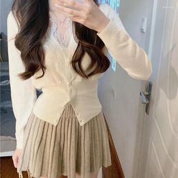 Work Dresses 2024 Autumn For Women Korean Style Lace Patchwork Sweater Cardigan Pleated Skirt Suit 2 Pieces Sets Tight-fitting Retro