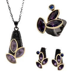 Necklace Jewellery Three Piece Set For Women Creative Inlaid Purple Zircon Ring Earring Pendant Amethyst 925 Stamp Black Gold Jewellery Set