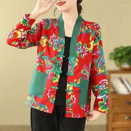 Ethnic Clothing 2024 Traditional Chinese Vintage Hanfu Tops National Flower Print V-neck Blouse Oriental Cotton Linen Folk