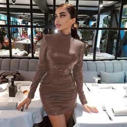 Sexy Set Half High Neck Hip Leather Skirt Autumn Women Solid Colour Fashion Sexy Slim Fit Shoulder Padded Long Sleeved Wrapped Short Dress