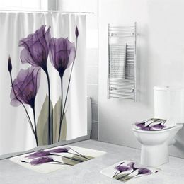 4PCS Flannel Surface Bathroom Mats Shower Curtain Non-Slip Rug Lid Toilet Cover Bath Mat Set Purple Flowers Print Decor Home T2007207H