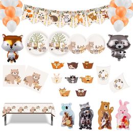 Party Decoration Forest Animal Cartoon Theme Disposable Tableware Paper Cup Plates Baby Shower Birthday Decorate Kids Favour Supplies