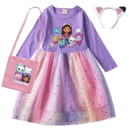 Girl Dresses Autumn Girls Cartoon Gabbys Cats Kids Gabby's Dollhouse Clothes Cosplay Costume Children Casual Dress Bag Headband