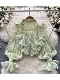 Women's Blouses Women Spring Blouse Design Sense Ruffled Edge Slim Fit Versatile French Style Bubble Sleeve Top Chiffon Striped Shirt D5856