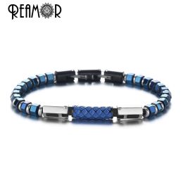 Bracelets REAMOR Luxury Blue Enamel Craft Stainless Steel Connector Bracelets Men Women Blue Hematite Bangle With Detachable Clasp Jewellery