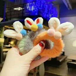 Autumn and Winter New Korean Cute Tie Hair Leather Plush Rabbit Ears Horsetail Head rope Children's High Elastic Hair Loop