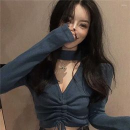 Women's Sweaters Woman Autumn Winter Scheming Girlish Style Wear Sexy Long-Sleeved V-neck Knitted Cropped Top With Exposed Navel