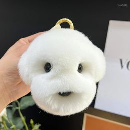 Keychains Plush Cute White Dog Head Real Rex Rabbit Fur Keychain Women HandBag Pendant Puppy Toy Car Key Trinkets Jewellery Metal Ring Gift