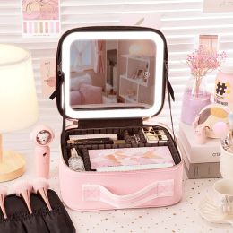 Mirrors Makeup Train Case with 3 Color Adjustable Brightness LED Mirror Cosmetic Travel Case Adjustable Dividers Toiletry Bag for Lady
