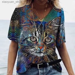 Women's T-Shirt V Neck Tshirt Womens Summer Casual Oversize Dazzle Colour Cats Print Shirt Short Sleeve Top Vintage FemaleStreetwear Y2k Clothes 240130