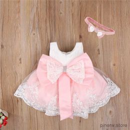 Girl's Dresses 2021 Newborn Baby Princess Girls Dress Headband 6 Colours Sleeveless Lace Bow Flowers Dress Wedding Party Kids Clothes 0-24M