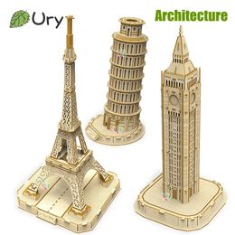 Ury 3D Wooden Puzzle Eiffel Tower Leaning of Pisa Empire State Building World Architecture Model DIY Kits Toys Decoration 240122
