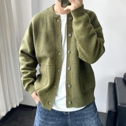 Knit Sweater Male Green Cardigan Men's Clothing Fleeced Sweatshirts Old in Order Jumpers Y2k Streetwear Warm Tops Neck 240119