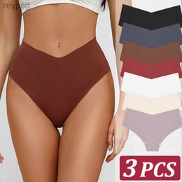 Other Panties 3PCS Womens Seamless Maillard Underwear Sexy V-Shaped Mid Waist Ice Silk Briefs 10 Soild Color Cozy Stretch Underpant S-XL YQ240130