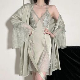 Women's Sleepwear Sexy Pajamas Summer Silk Thin Robes Two-piece Set Lace Seductive Suspender Home Clothing 2024 V-neck Loungewear