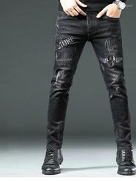 Men's Jeans High End Stylish Classic Distinctive Printed Black Stretch Denim For Men Quality Slim Fit Luxury Pants