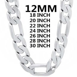 Chains Solid 925 Sterling Silver Necklace For Men Classic 12MM Cuban Chain 18-30 Inches Charm High Quality Fashion Jewelry Wedding255C