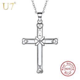 Pendants U7 925 Sterling Silver Cross Pendant Necklace Dainty Heart Women Girls Her Religious Christian Jewelry Christmas Gift SC05