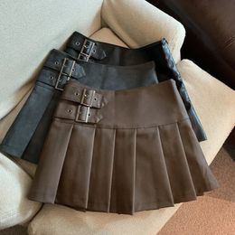 MEXZT Y2K Pu Leather Mini Skirts Women Streetwear High Waist Pleated Skirt Vintage Korean Black Slim Casual A Line 24030