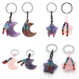 Keychains KFT Natural Healing Stone 7 Chakra Keychain Moon Star Pink Quartz Crystal Pendant Sliver Colour Key Ring Car Bag Decor