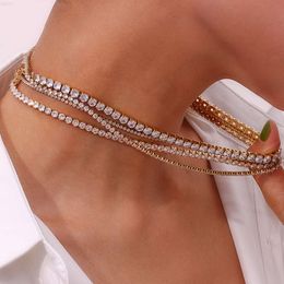 Unisex Round Prong-set Silver Gold Plated Bling Iced Out Stainless Steel 2mm-5mm White Cubic Zirconia Tennis Chain Necklace