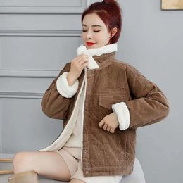 Women's Down Fleece Inner Autumn Winter Jacket Women Plus Velvet Thicken Corduroy Lambs Wool Short Coat Female Cotton Outwear C7908