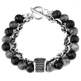 Charm Bracelets 8MM Lava Rocks Black Men OT Buckle Vintage Stainless Steel Tiger-Eye Rock And Punk Style Accessories For Male