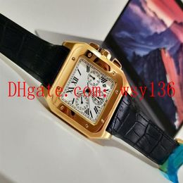 New Mens Watch Mechanical Automatic 100XL 18K Rose Gold Black Leather Band Men's Sports Wrist Watches181m