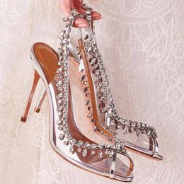 Sandals Europe And The United States Rhinestone Tassel High Heels PVC Fishmouth Empty Ultra-high Heel Wedding Shoes