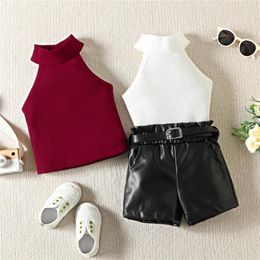 Clothing Sets Baby Girls Summer Kids Clothes Solid Rib Tank Tops Leather Shorts With Belt Outfits Children Casual Suits