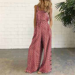 Women Casual Solid Rompers Strappy Vintage Loose Party Long Harem Overalls Polka Dot Button Decoration Jumpsuits 24030