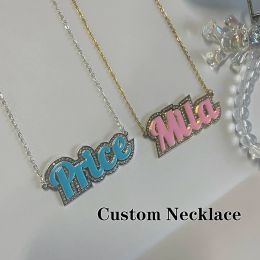 Necklaces LUER Custom Enamel Name Necklace Personalized Customized Rhinestone Letter Pendant Nameplate Necklace For Women Jewelry Gift