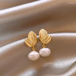 Dangle Earrings Minar Fashion Natural Freshwater Pearl Metallic Leaves Drop For Women Real Gold Plated Copper Holiday Jewellery