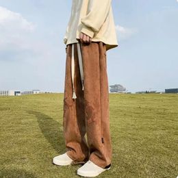 Men's Pants Suede Casual Winter Print Retro Straight Loose Long Sweat Drawstring Trousers Pockets Daily Wide Leg