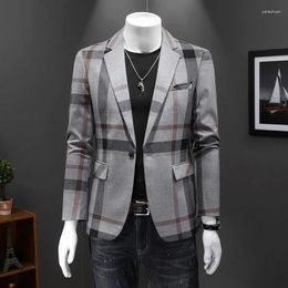 Men's Suits 2024 Gray Plaid Blazer For Men Slim Fit One Button Mens Casual Blazers Stylish Dinner Prom Party Jacket Q194